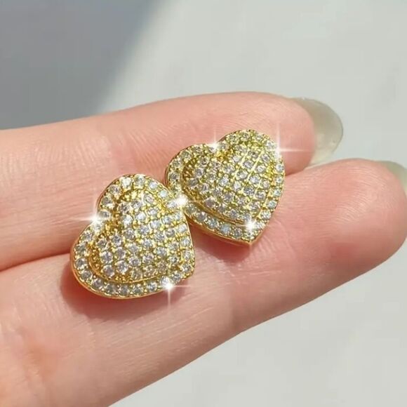 Gold Heart Diamond Earrings - Picture 1 of 1